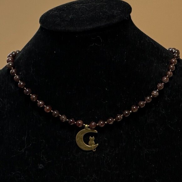 Deep Wine Red Garnet Short Necklace, Genuine Gemstone & Bronze Cat on the Moon - Picture 3 of 15